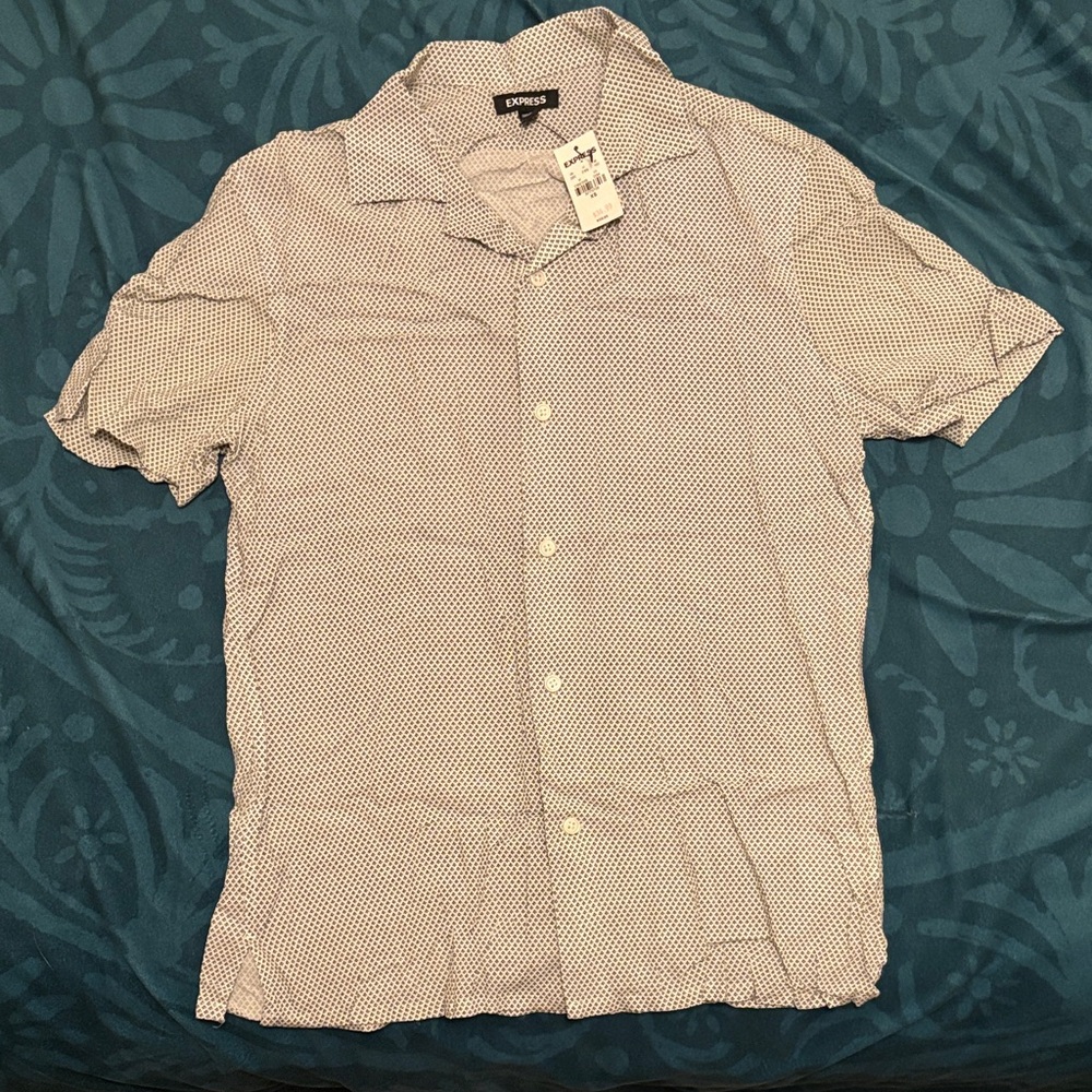 Express Men’s Short Sleeve Button-Down Shirt - White with Black Micro Dot